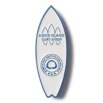 White surfboard with blue text and border on a white background